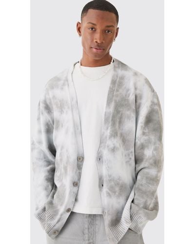BoohooMAN Boxy Washed Knitted Cardigan In Stone - Grau