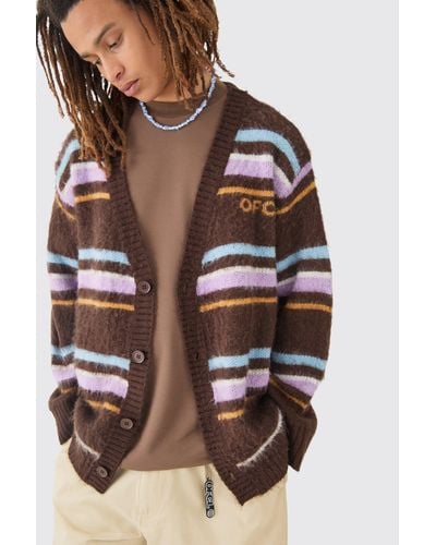 BoohooMAN Boxy Fluffy Striped Knitted Cardigan In Chocolate - Gray