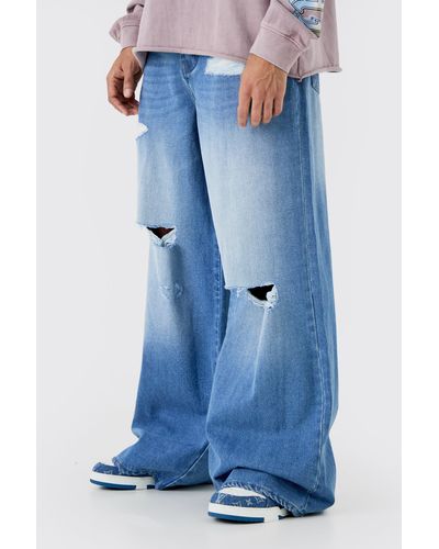 Boohoo Extreme Baggy Frayed Self Fabric Applique Jeans - Blue