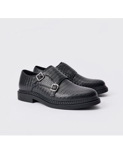 BoohooMAN Woven Pu Monk Strap Loafer In Black
