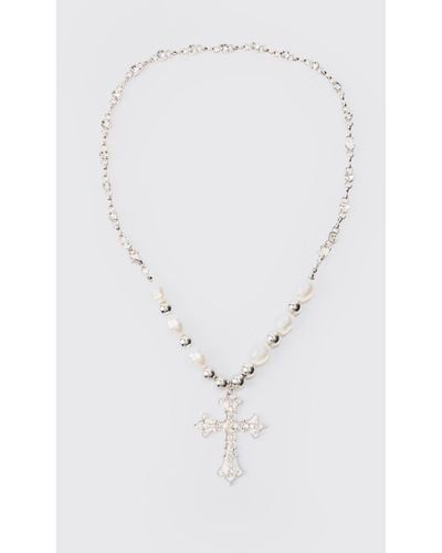 BoohooMAN Pearl Cross Necklace In Silver - White