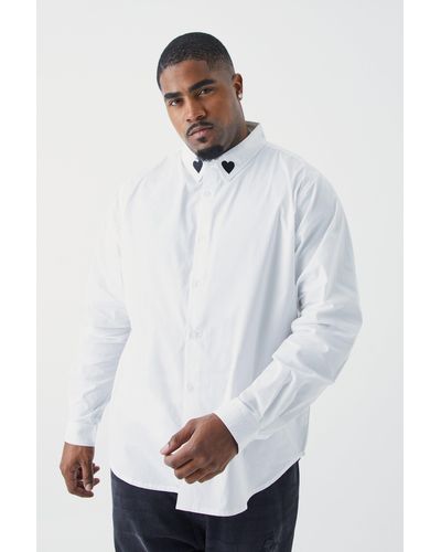 BoohooMAN Plus Poplin Heart Embroidered Collar Shirt - White