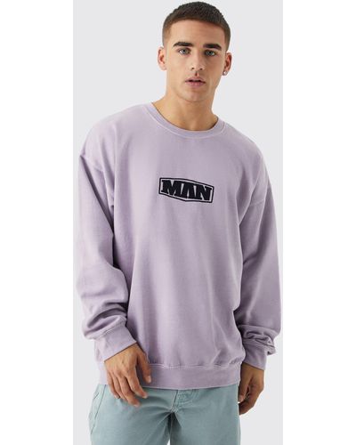 BoohooMAN Oversized Acid Wash Man Embroidered Sweatshirt - Purple