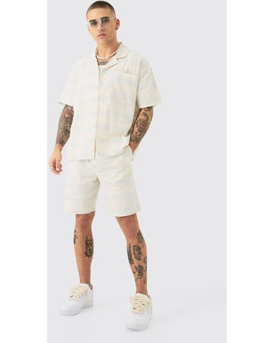 Boohoo Boxy Short Sleeve Open Weave Shirt & Short Set - White