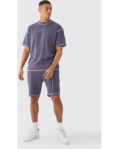 BoohooMAN Oversized Contrast Stitch Embroidered T-shirt & Short Set - Blue