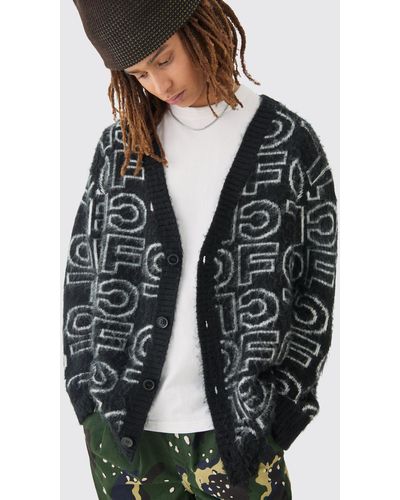 BoohooMAN Boxy Fluffy Branded Knitted Cardigan In Black