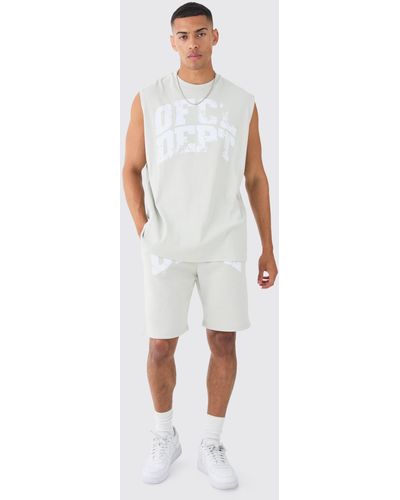 BoohooMAN Oversized Ofcl Dept Rib Printed Tank & Shorts Set - White