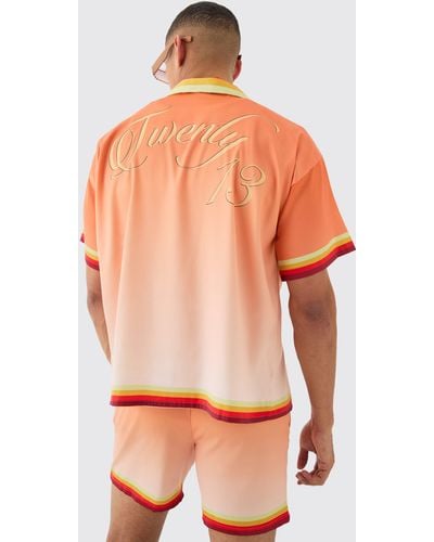 BoohooMAN Boxy Satin Ombre Short Sleeve Shirt & Short Set - Orange
