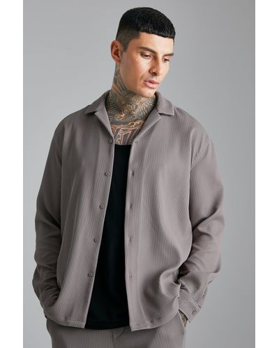 Boohoo Long Sleeve Oversized Pleated Shirt - Gray