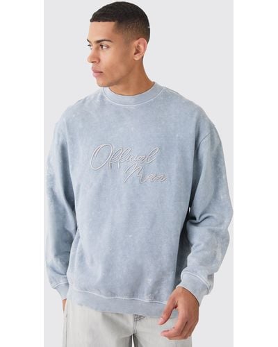 BoohooMAN Oversized Extended Neck Acid Wash Embroidered Sweatshirt - Blue