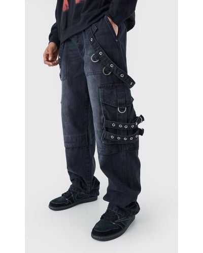 BoohooMAN Lockere Cargo-Jeans in gewaschenem Schwarz - Blau