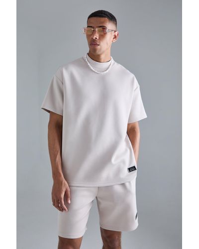 BoohooMAN Oversized Extended Neck Scuba T-shirt & Relaxed Short Set - Grey