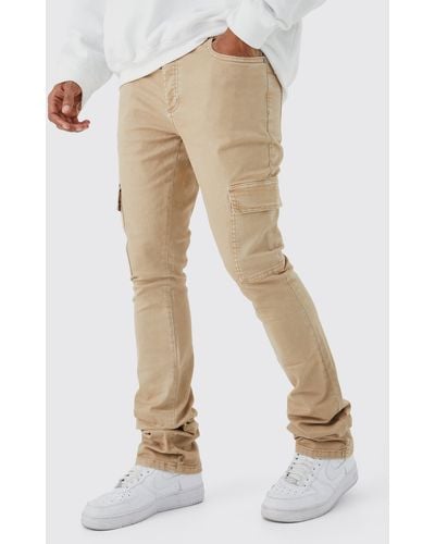 BoohooMAN Skinny Stacked Flare Overdye Cargo Trouser - Natural