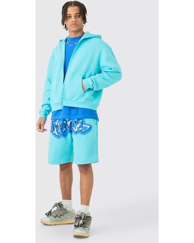 BoohooMAN Oversized Boxy Zip Up Official Graffiti Spray Hoodie And Shorts Set - Blue