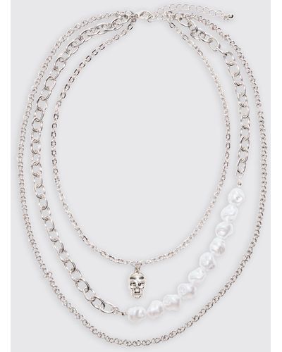 BoohooMAN Skull Multi Layer Chain Necklace In Silver - White