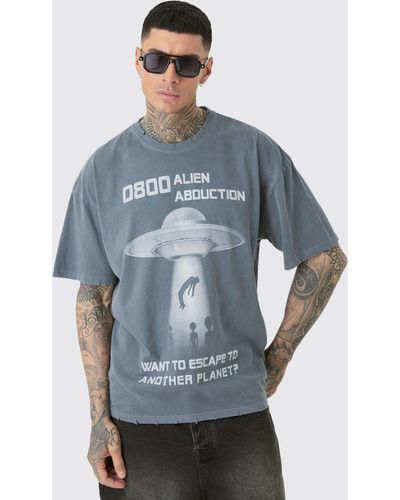 Boohoo Tall Distressed Oversized Overdye Alien Graphic T-shirt - Blue
