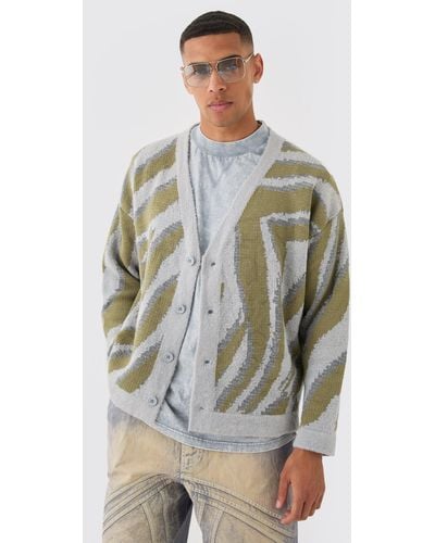 BoohooMAN Boxy Oversized Brushed Abstract All Over Jacquard Cardigan - Grey