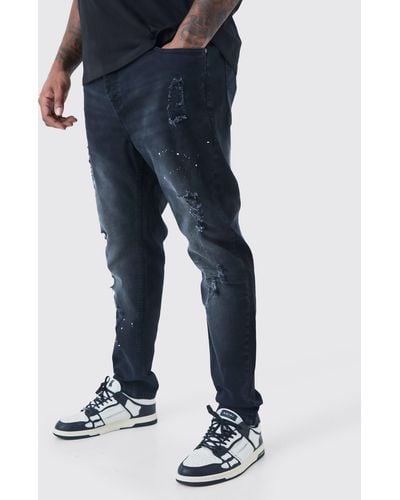 BoohooMAN Plus Paint Splatter Distressed Skinny Jeans - Blue