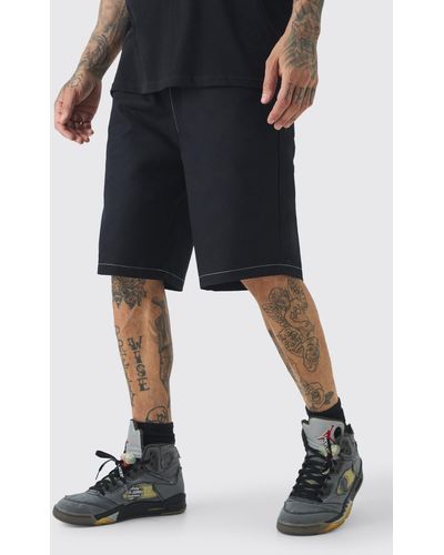 BoohooMAN Tall Elasticated Relaxed Twill Contrast Shorts - Black