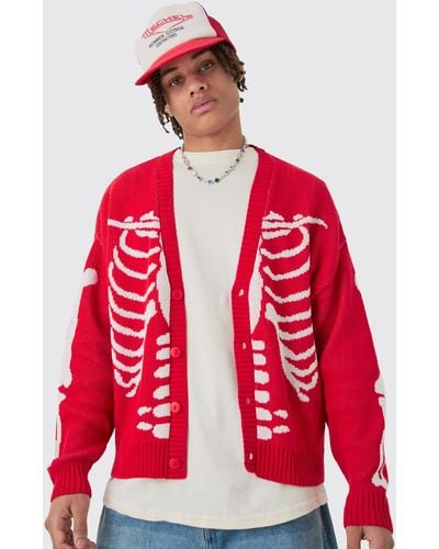 BoohooMAN Boxy Oversized Skeleton Jacquard Cardigan - Red