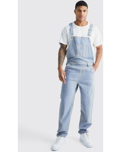 BoohooMAN Relaxed Washed Illusion Dungaree - Blue