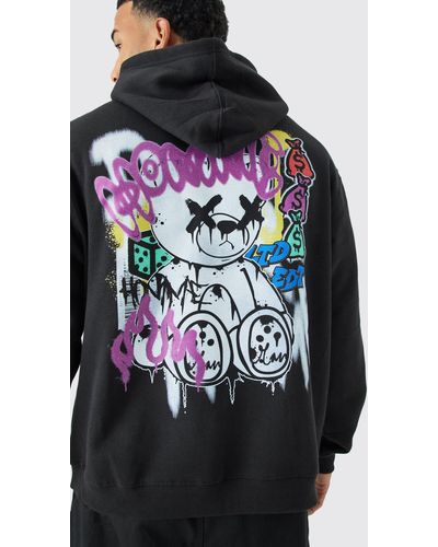 Boohoo Oversized Teddy Graffiti Graphic Hoodie - Black