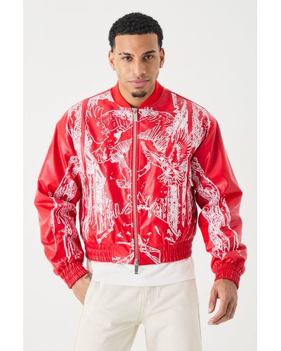 BoohooMAN Boxy Embroidered Bomber - Rot