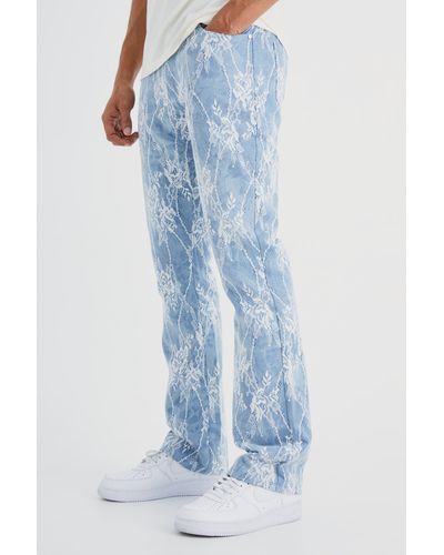 BoohooMAN Slim Rigid Flare Lace Overlay Jeans - Blue