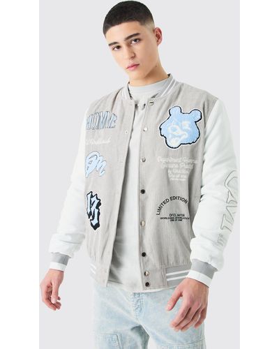 BoohooMAN Cord Teddy Badge Varsity Jacket - Grau