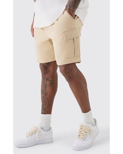 BoohooMAN Plus Elastic Waist Stone Slim Fit Cargo Shorts - Natural