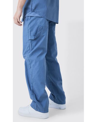 BoohooMAN Fixed Waist Washed Relaxed Fit Carpenter Trouser - Blue