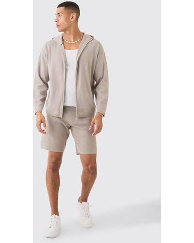 BoohooMAN Knitted Zip Through Hooded Short Tracksuit - Natur