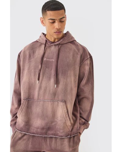 BoohooMAN Embroidery Oversized Sun Bleached Wash Hoodie - Brown