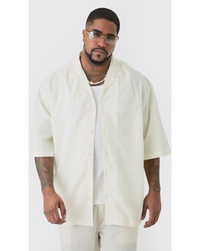 BoohooMAN Plus Linen Drop Revere Shirt In Ecru - White