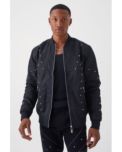 BoohooMAN Nylon Studded Bomber With Contrast Stitch - Blue