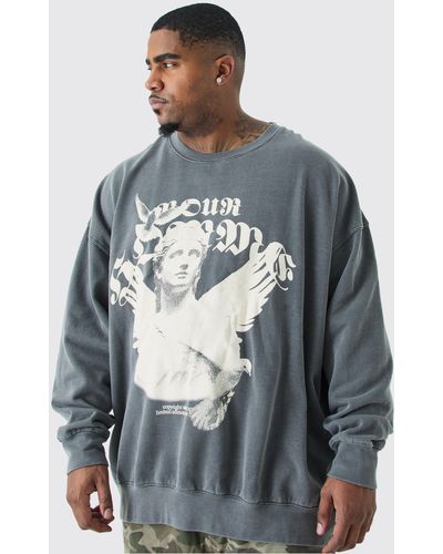 BoohooMAN Plus Oversized Acid Wash Homme Print Sweatshirt - Grey