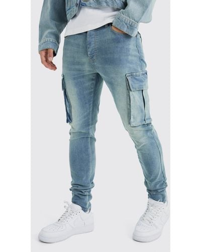 BoohooMAN Skinny Stretch Cargo-Jeans - Blau