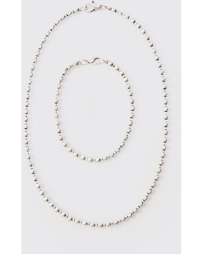 BoohooMAN Metal Bead Multilayer Necklace In Silver - White