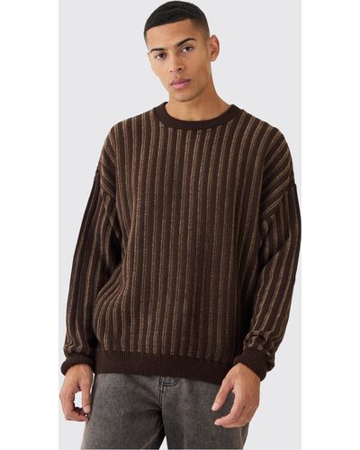 Boohoo Oversized Crew Neck Two Tone Rib Knitted Sweater - Brown
