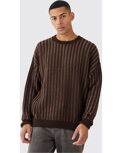 BoohooMAN Oversized Crew Neck Two Tone Rib Knitted Jumper - Braun