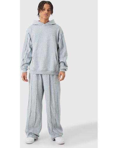 BoohooMAN Oversized Raw Seam Sig Embroidered Hooded Tracksuit - Grey