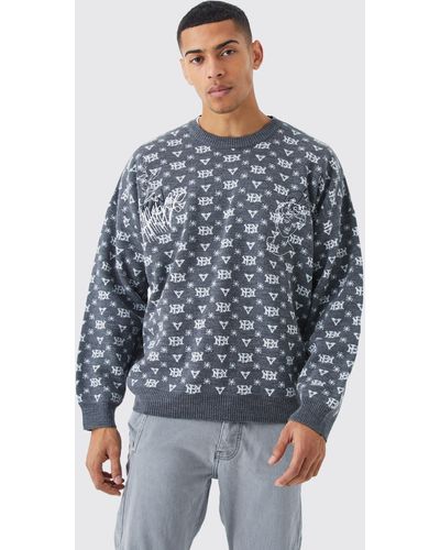BoohooMAN Oversized All Over Print Knit Jumper - Blue