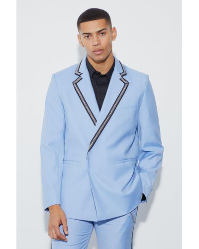 BoohooMAN Relaxed Fit Double Breasted Stud Blazer - Blue