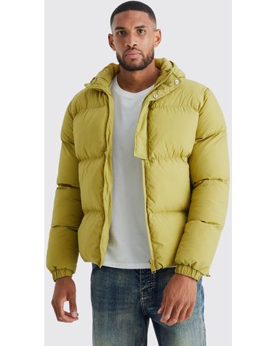 BoohooMAN Tall Boxy Hooded Puffer With Half Placket - Green