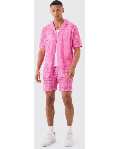 BoohooMAN Oversized Open Weave Lace Shirt & Short Set - Pink