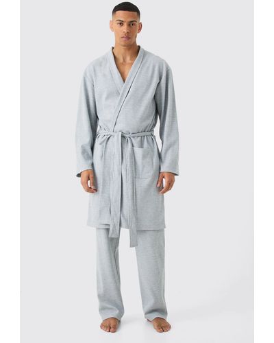 BoohooMAN Waffle Robe & Relaxed Fit Bottoms In Gray Marl