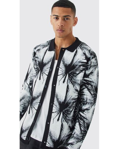 BoohooMAN Long Sleeve Palm Patterned Knitted Shirt In Black - Gray