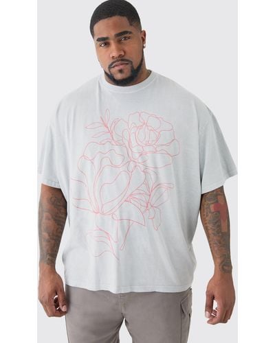 BoohooMAN Plus Oversized Floral Stencil Print T-shirt In Grey - White