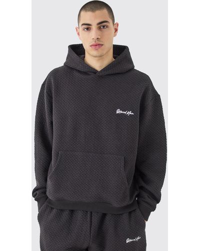 BoohooMAN Oversized Boxy Jacquard Quilted Embroided Hoodie - Grey