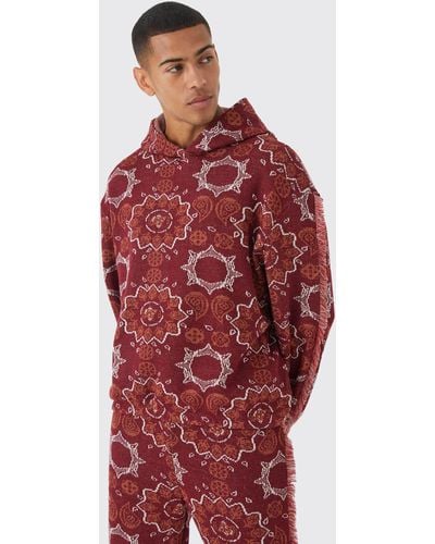 BoohooMAN Oversized Fringed Heavyweight Jacquard Tapestry Hoodie - Red